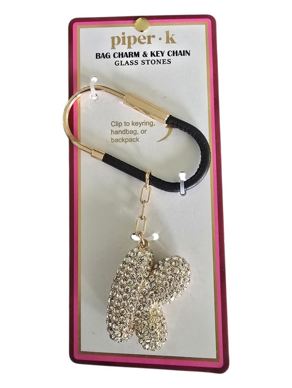 New Piper K Gold Tone Crystal Letter K Initial Key Holder Black Loop Chain
